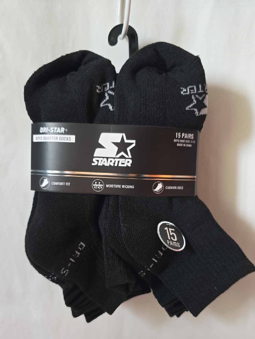 STARTER Boy's Black Athletic Quarter Socks - 15 Pack Shoe Size 4-10 Dri-Star